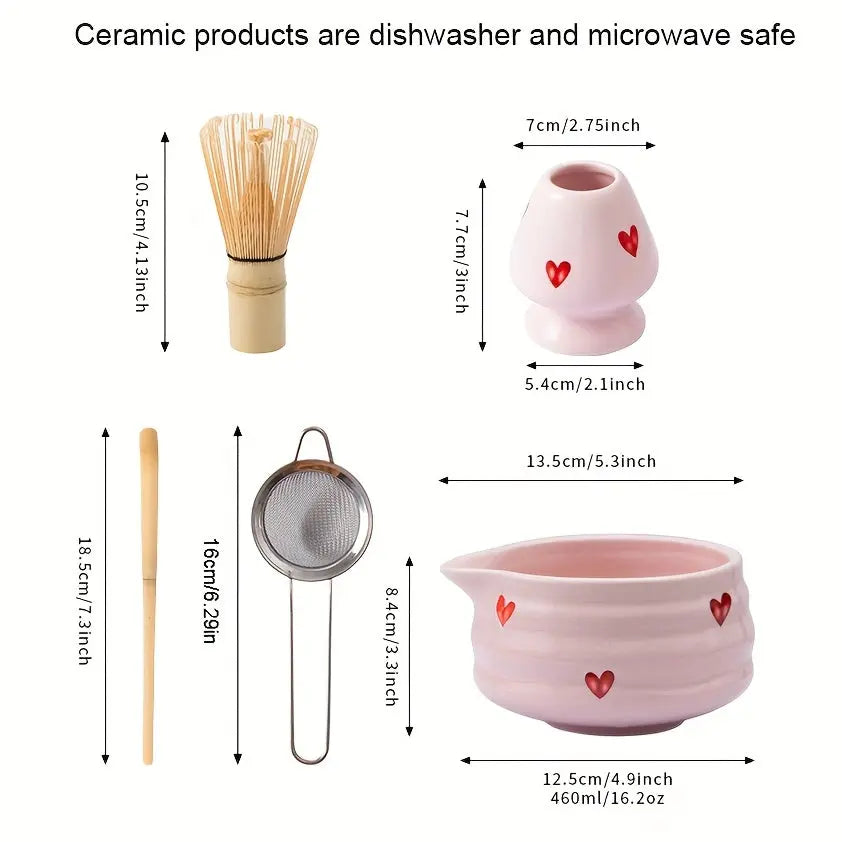 5pcs Matcha Set – Pink Ceramic Heart Bowl & Bamboo Tools - TARHUS