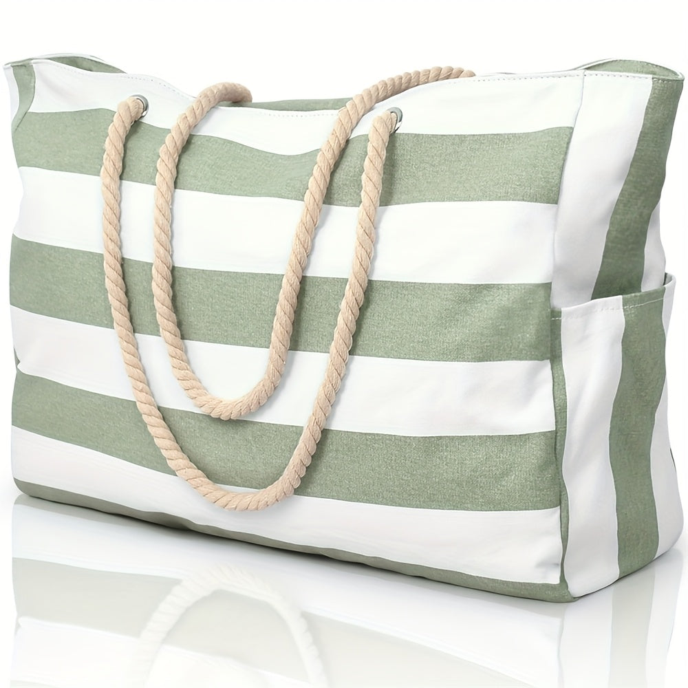 Large Canvas Beach Bag for Women – Striped Travel Tote with Zipper, Lightweight Gym & Pool Bag - TARHUS
