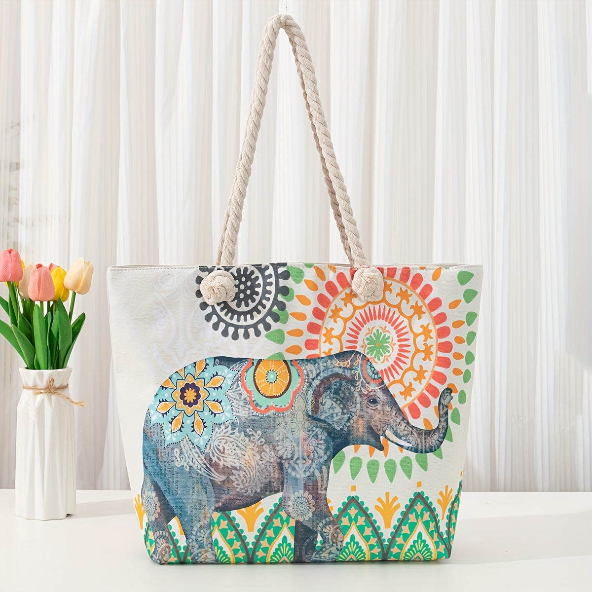 Stylish Blue Mandala Print Tote Bag for Women - Casual Shoulder Bag with Rope Handles, Vibrant Floral Patterns, Zip Closure, Perfect for Vacation Or Everyday Use, Vacation Tote Bag | Trendy Women'S Bag | Woven Texture, Novelty Purse TARHUS