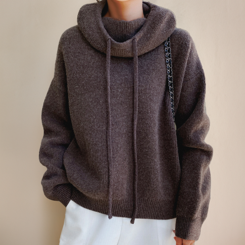 Elara Women’s Knit Hoodie – Soft Winter Pullover with High Neck & Drawstrings