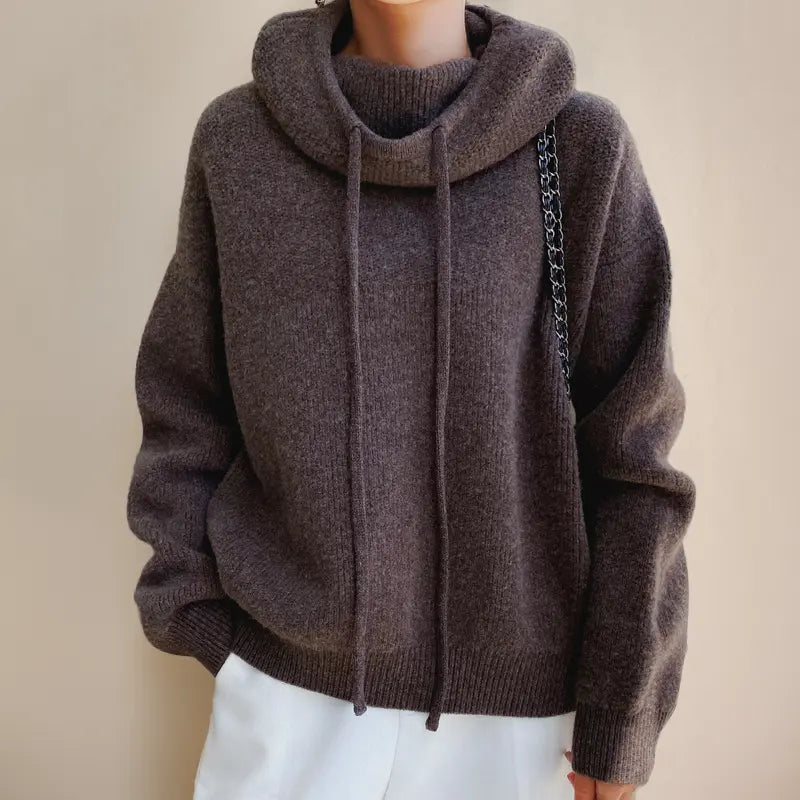 Elara Women’s Knit Hoodie – Soft Winter Pullover with High Neck & Drawstrings - TARHUS