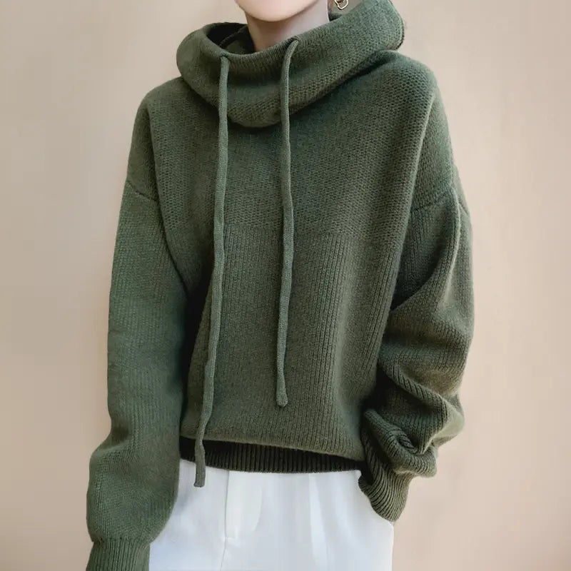 Elara Women’s Knit Hoodie – Soft Winter Pullover with High Neck & Drawstrings - TARHUS