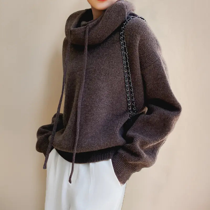 Elara Women’s Knit Hoodie – Soft Winter Pullover with High Neck & Drawstrings - TARHUS