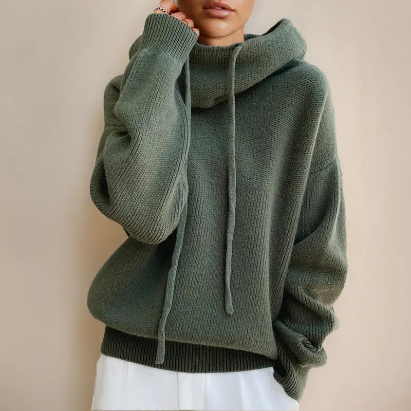 Elara Women’s Knit Hoodie – Soft Winter Pullover with High Neck & Drawstrings - TARHUS