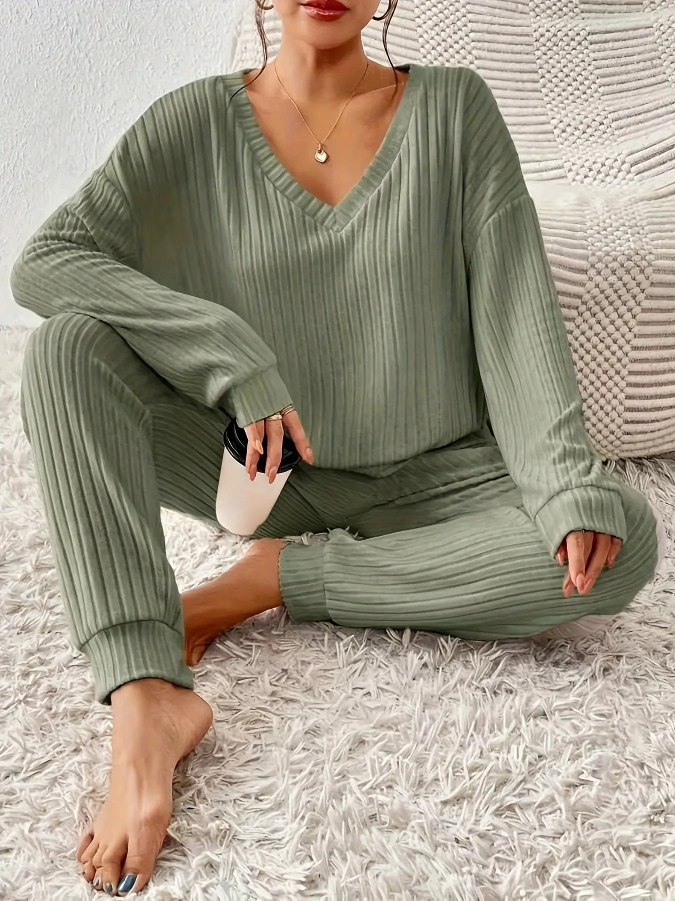 Women’s Knit Lounge Set – Long Sleeve Ribbed Top & Jogger Pants | Cozy 2-Piece Loungewear - TARHUS