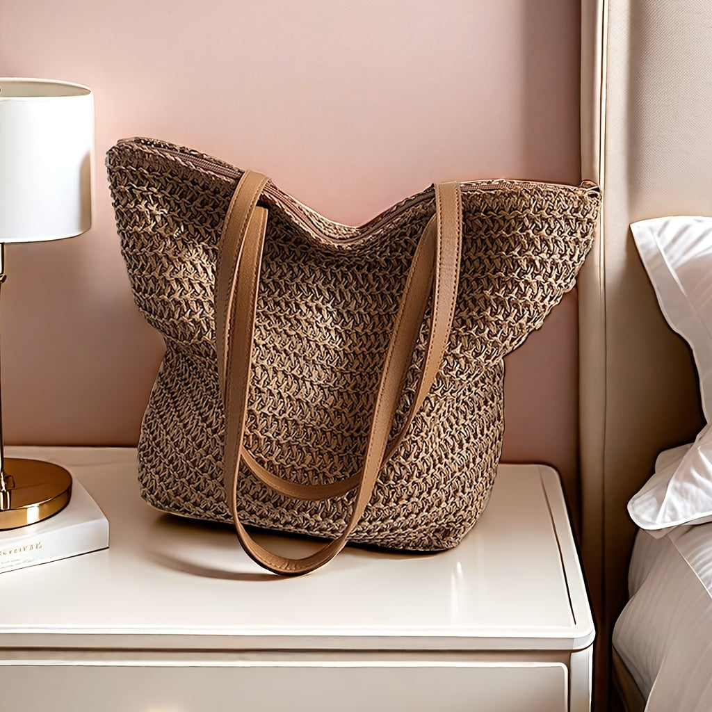 Large-Capacity Woven Handbag - Chic Beige Straw Handbag with Brown Handles, Zipper Closure, And Polyester Lining for Beach, Shopping, And Everyday Use, Beach Bag TARHUS