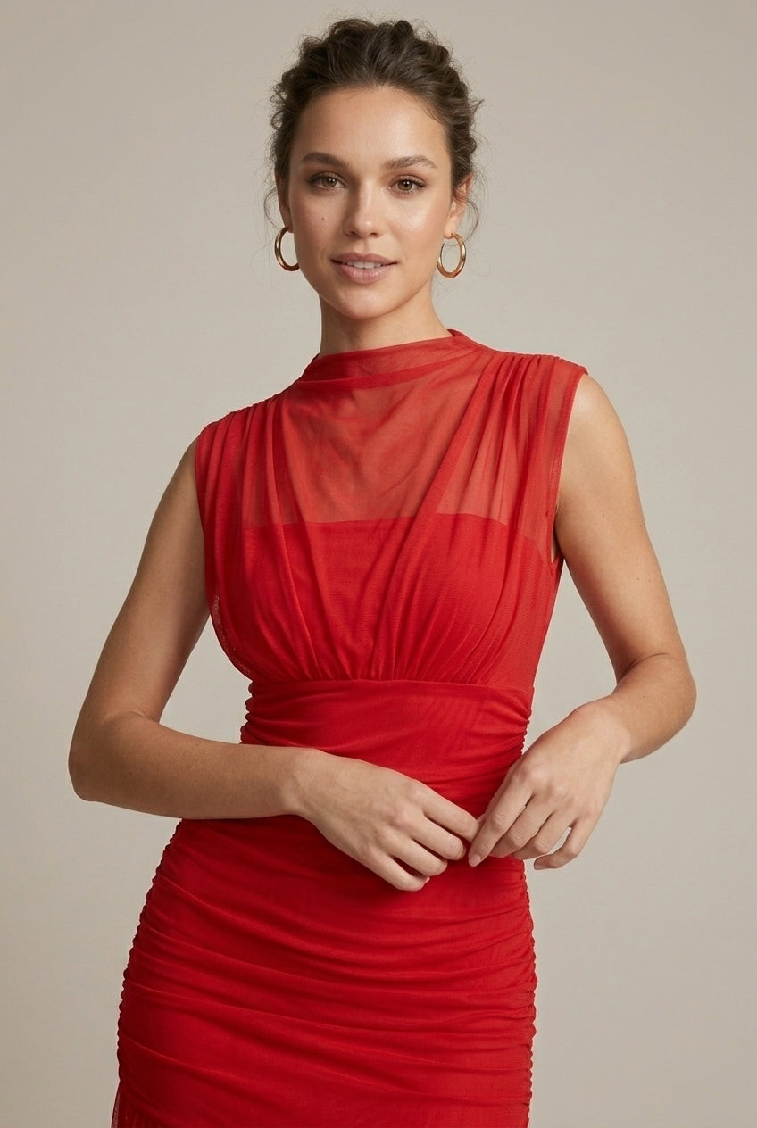 Women's Sleeveless Ruched Drop Waist Maxi Dress - Crew Neck TARHUS Maxi Dresses