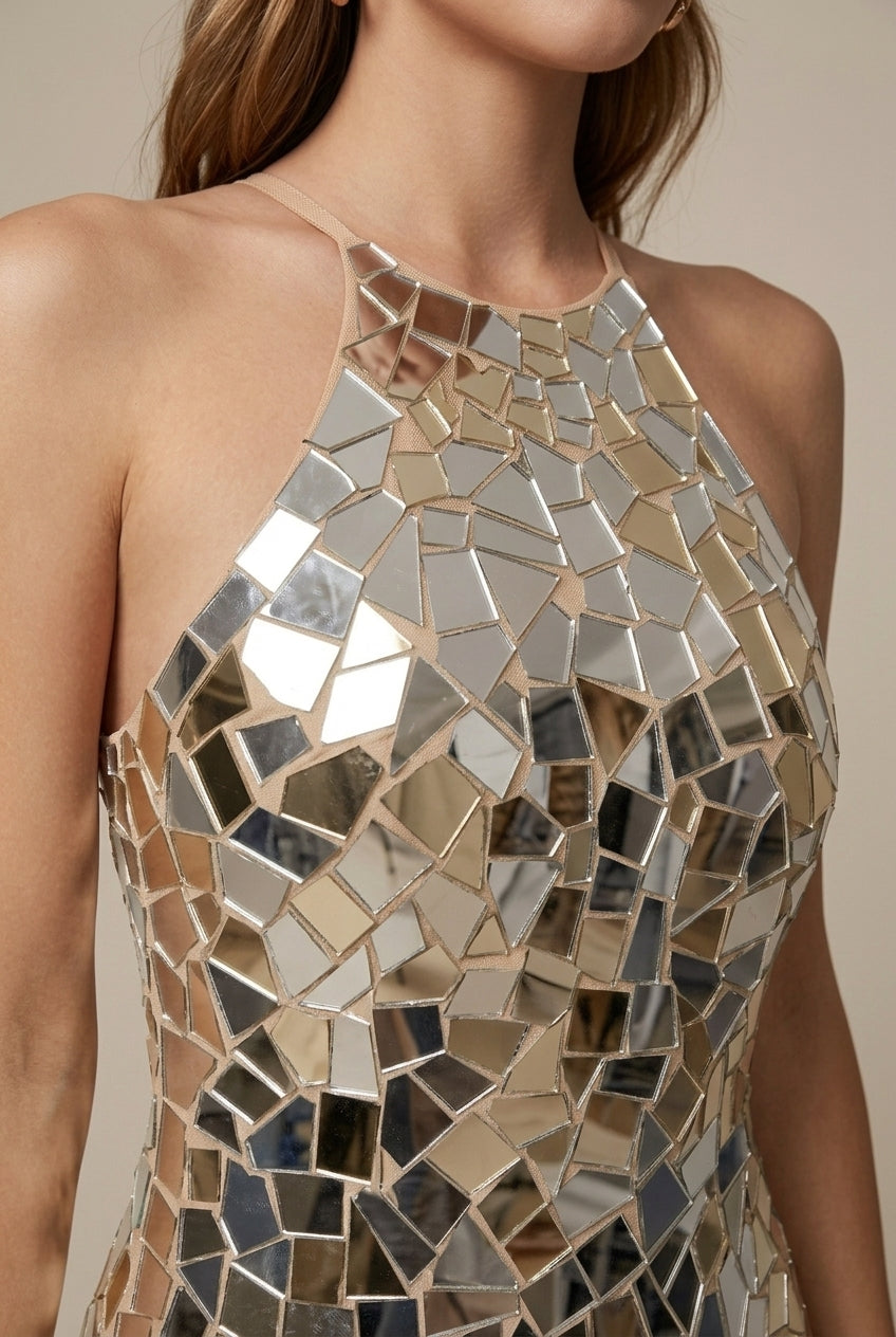 Women's Sleeveless Halter Backless Mosaic Mirror Mini Dress TARHUS Dresses