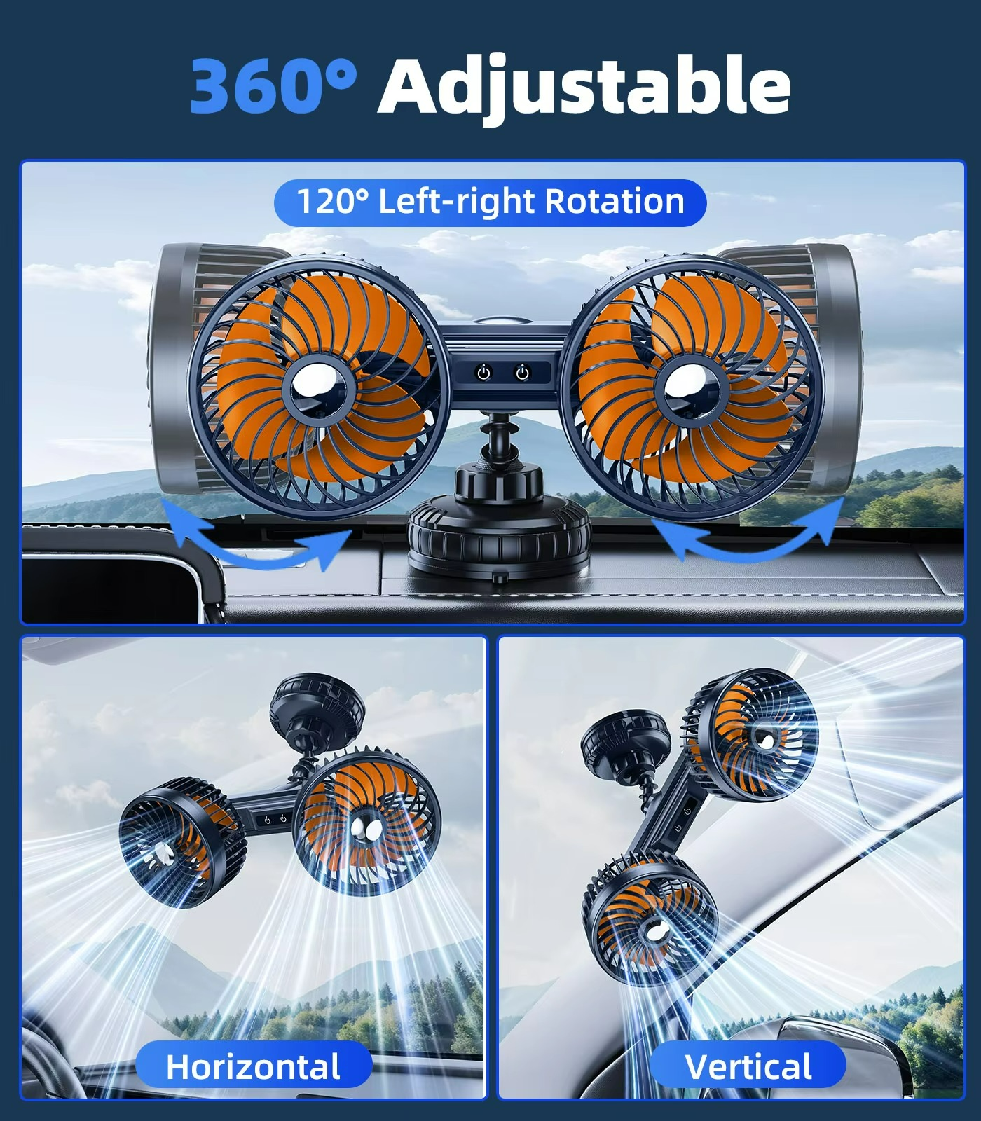 Autovent | Car Dual Head Fan – Rechargeable Cooling with Suction Cup & 3 Speeds