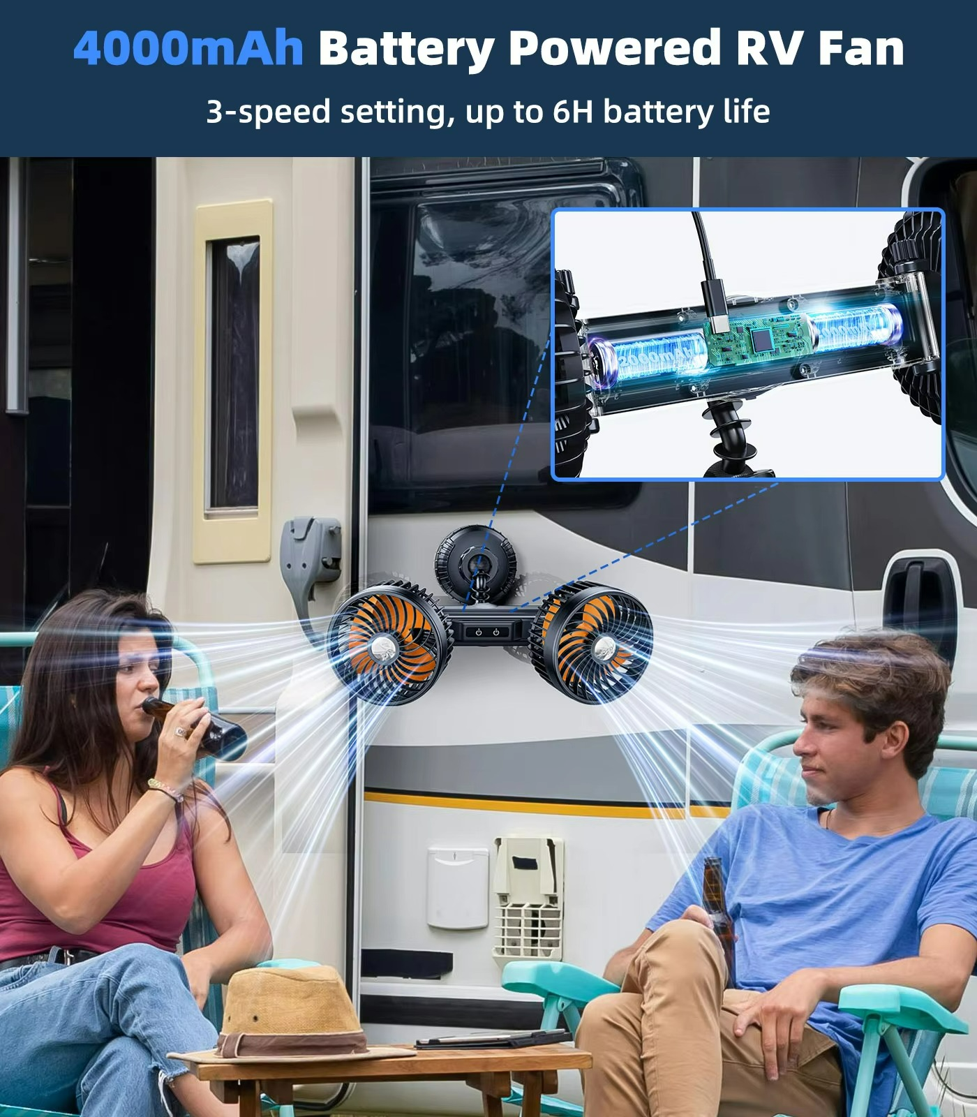 Autovent | Car Dual Head Fan – Rechargeable Cooling with Suction Cup & 3 Speeds