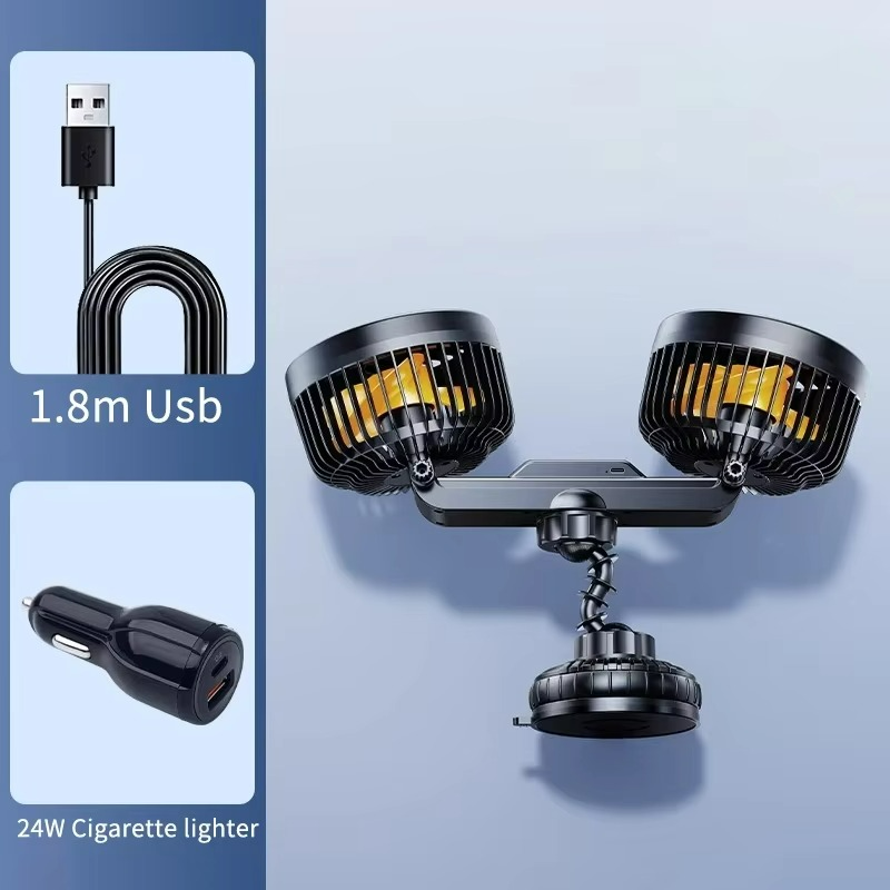 Autovent | Car Dual Head Fan – Rechargeable Cooling with Suction Cup & 3 Speeds