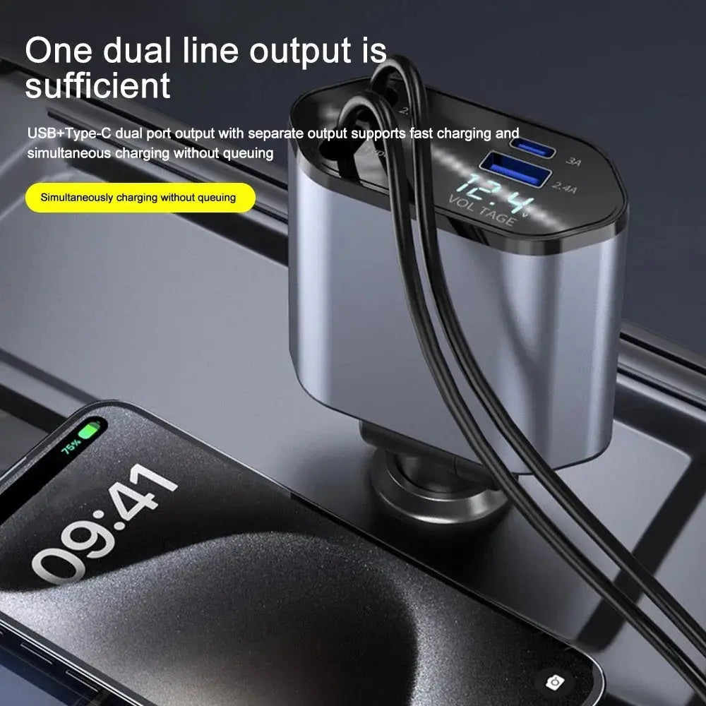 120W Retractable Car Charger – High-Speed Dual Port USB Adapter - TARHUS