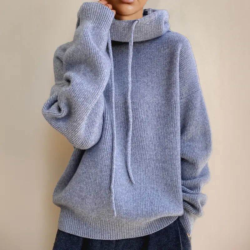 Elara Women’s Knit Hoodie – Soft Winter Pullover with High Neck & Drawstrings - TARHUS