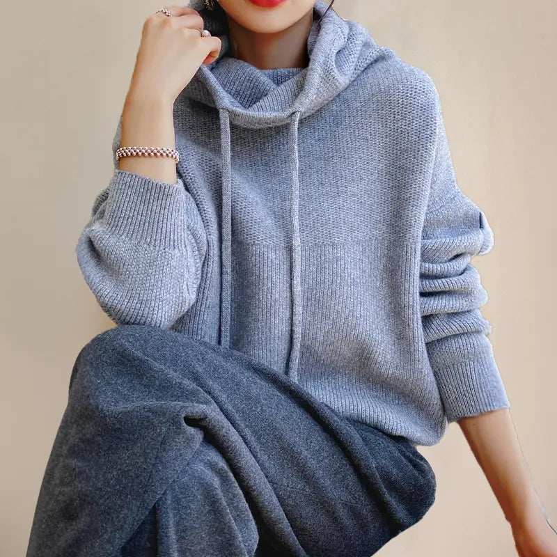 Elara Women’s Knit Hoodie – Soft Winter Pullover with High Neck & Drawstrings - TARHUS