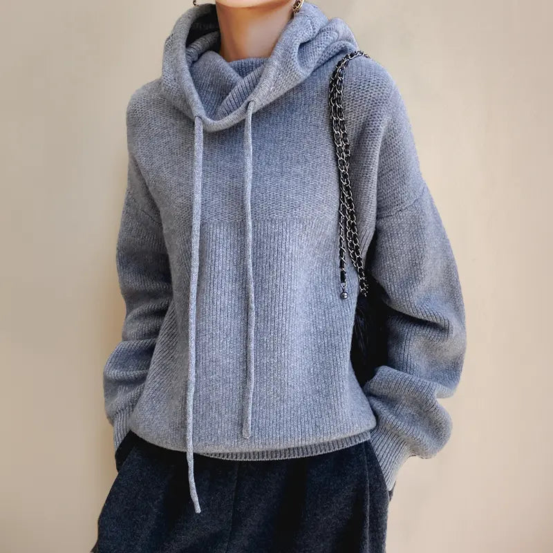 Elara Women’s Knit Hoodie – Soft Winter Pullover with High Neck & Drawstrings - TARHUS