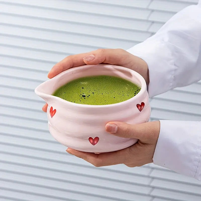 5pcs Matcha Set – Pink Ceramic Heart Bowl & Bamboo Tools - TARHUS