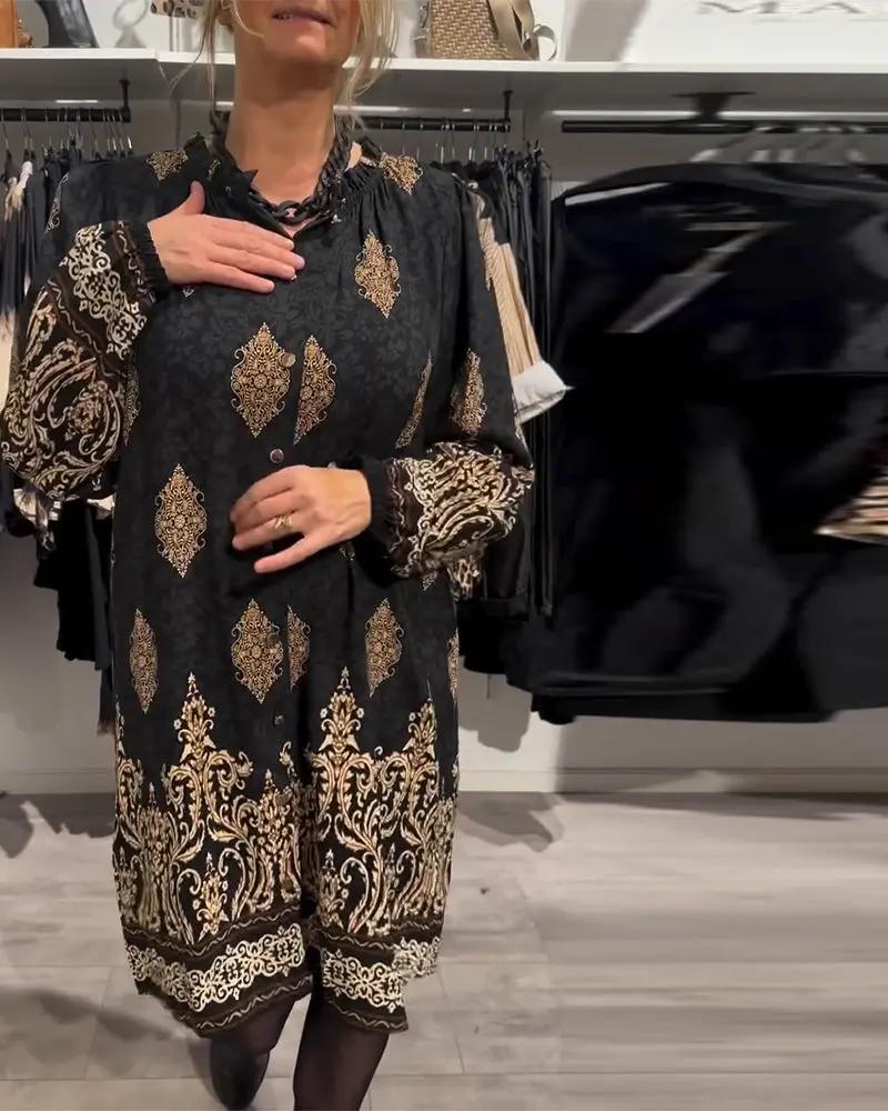 Vintage Print Shirt Dress – Long Lantern Sleeves, Lapel Collar & Button Front TARHUS Dresses