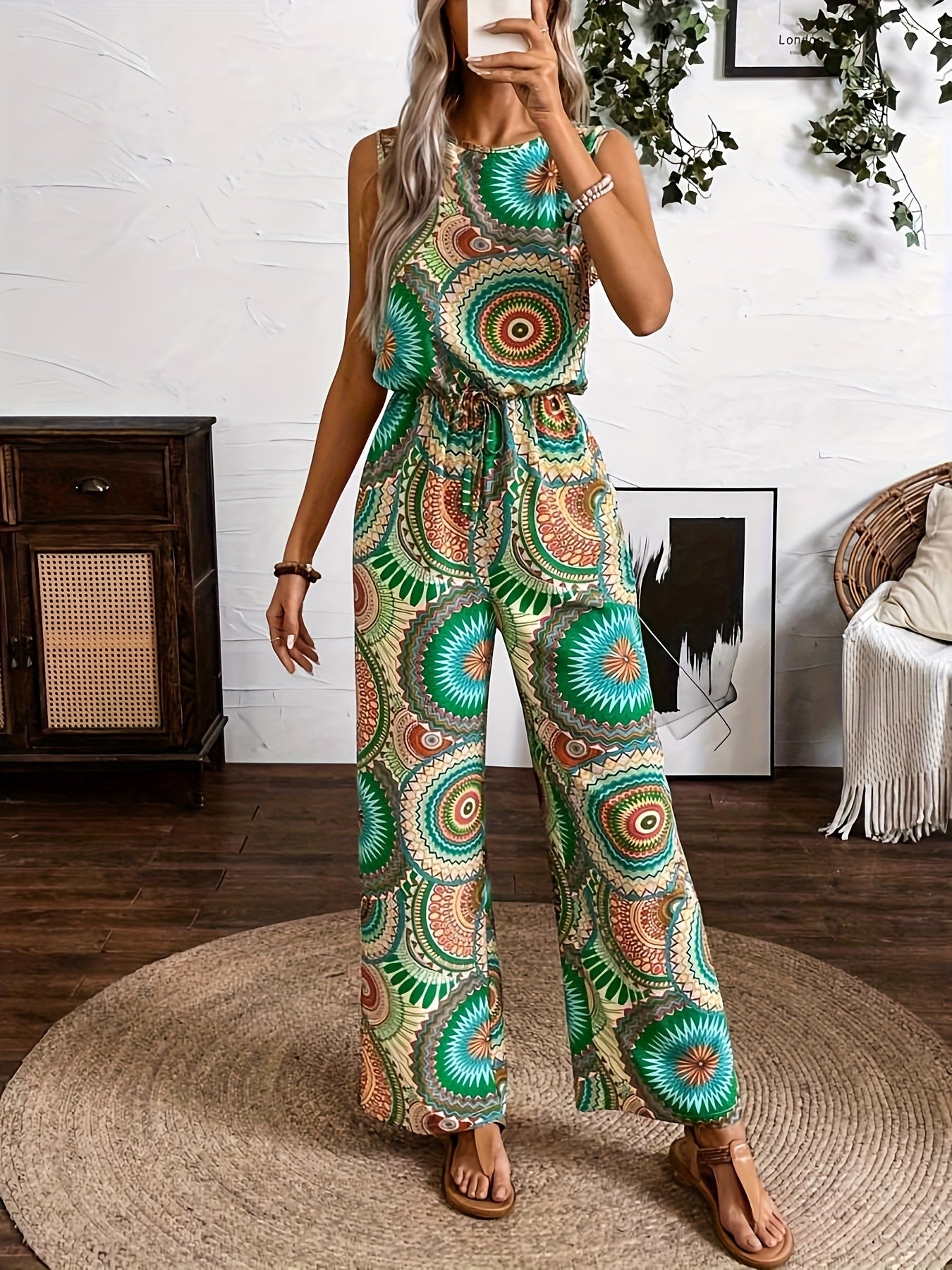 Boho Ethnic Print Jumpsuit for Women – Sleeveless, Wide-Leg, Casual Summer Outfit - TARHUS