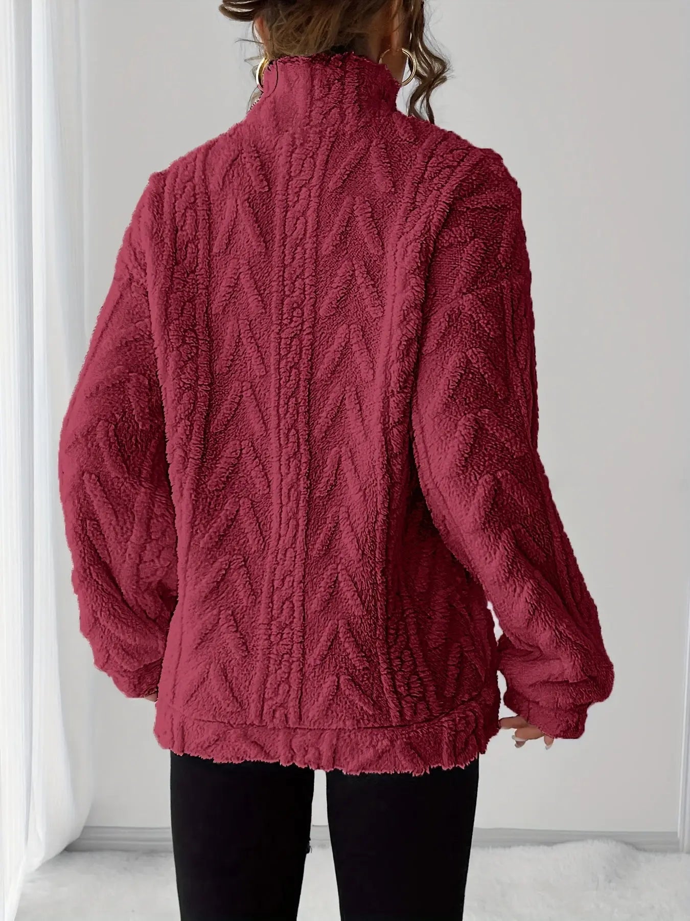 Women’s Fleece Zip-Up Sweatshirt – Long Sleeve Lapel Collar Pullover with Fluffy Texture - TARHUS
