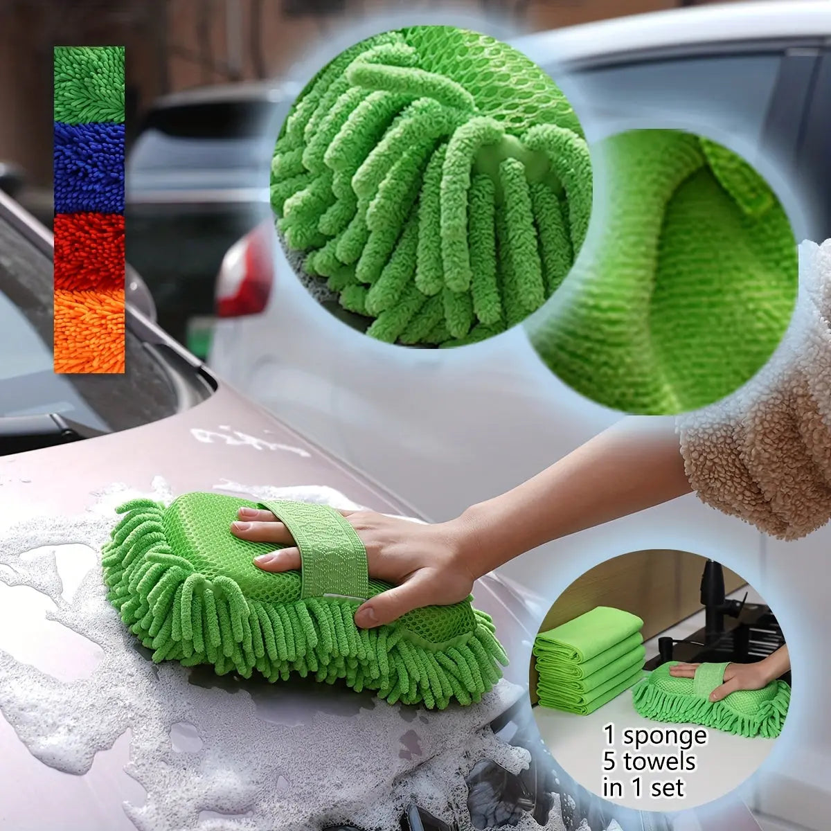 6-Piece Microfiber Car Wash Sponge & Towel Set – Super Absorbent, Scratch-Free Cleaning Kit for Auto, Home & Kitchen Use - TARHUS