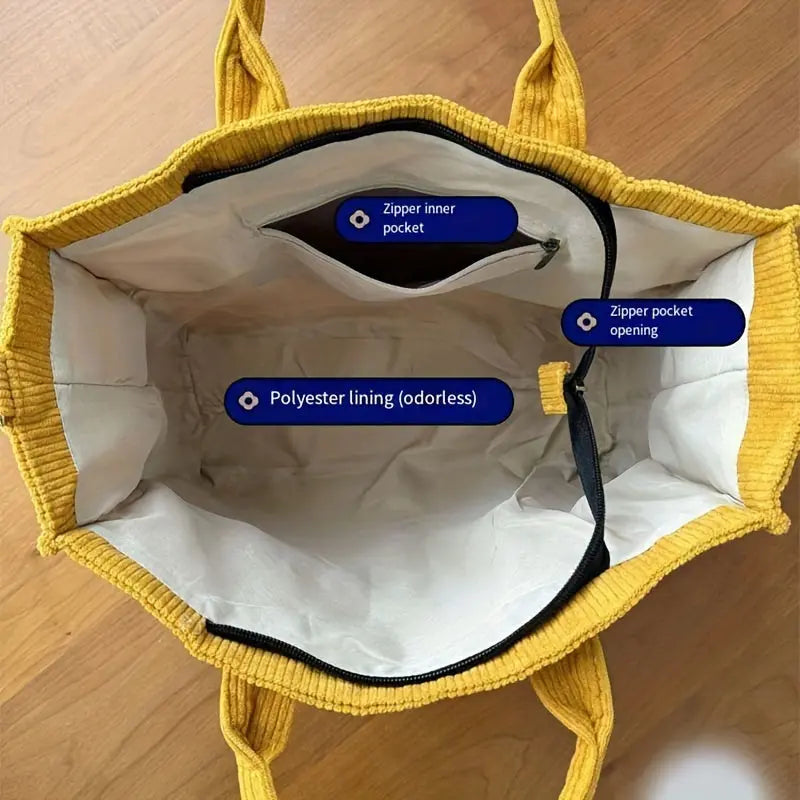 Corduroy Tote Bag for Women with Multi-Pockets – Casual Shoulder & Crossbody Handbag - TARHUS