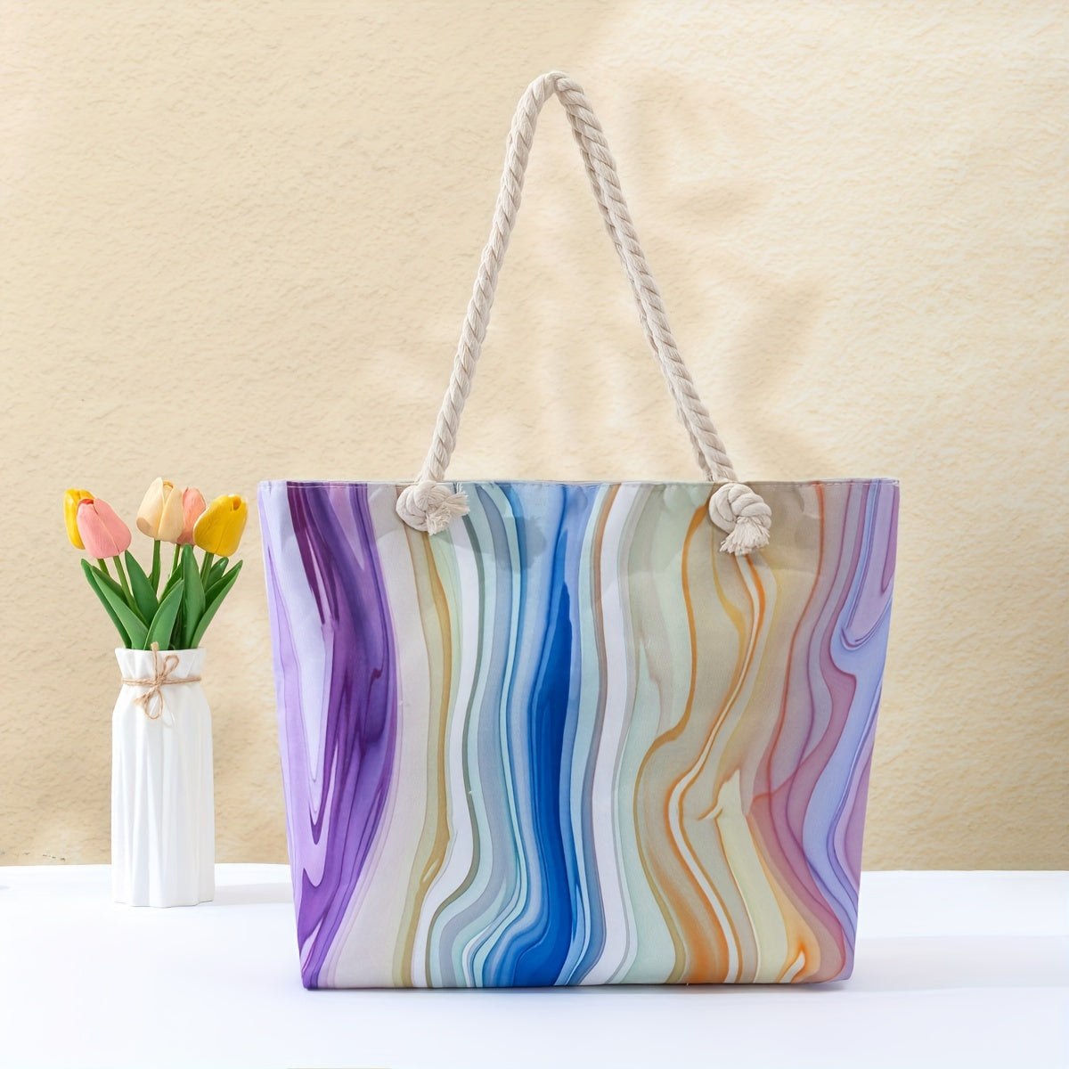 Stylish Blue Mandala Print Tote Bag for Women - Casual Shoulder Bag with Rope Handles, Vibrant Floral Patterns, Zip Closure, Perfect for Vacation Or Everyday Use, Vacation Tote Bag | Trendy Women'S Bag | Woven Texture, Novelty Purse TARHUS