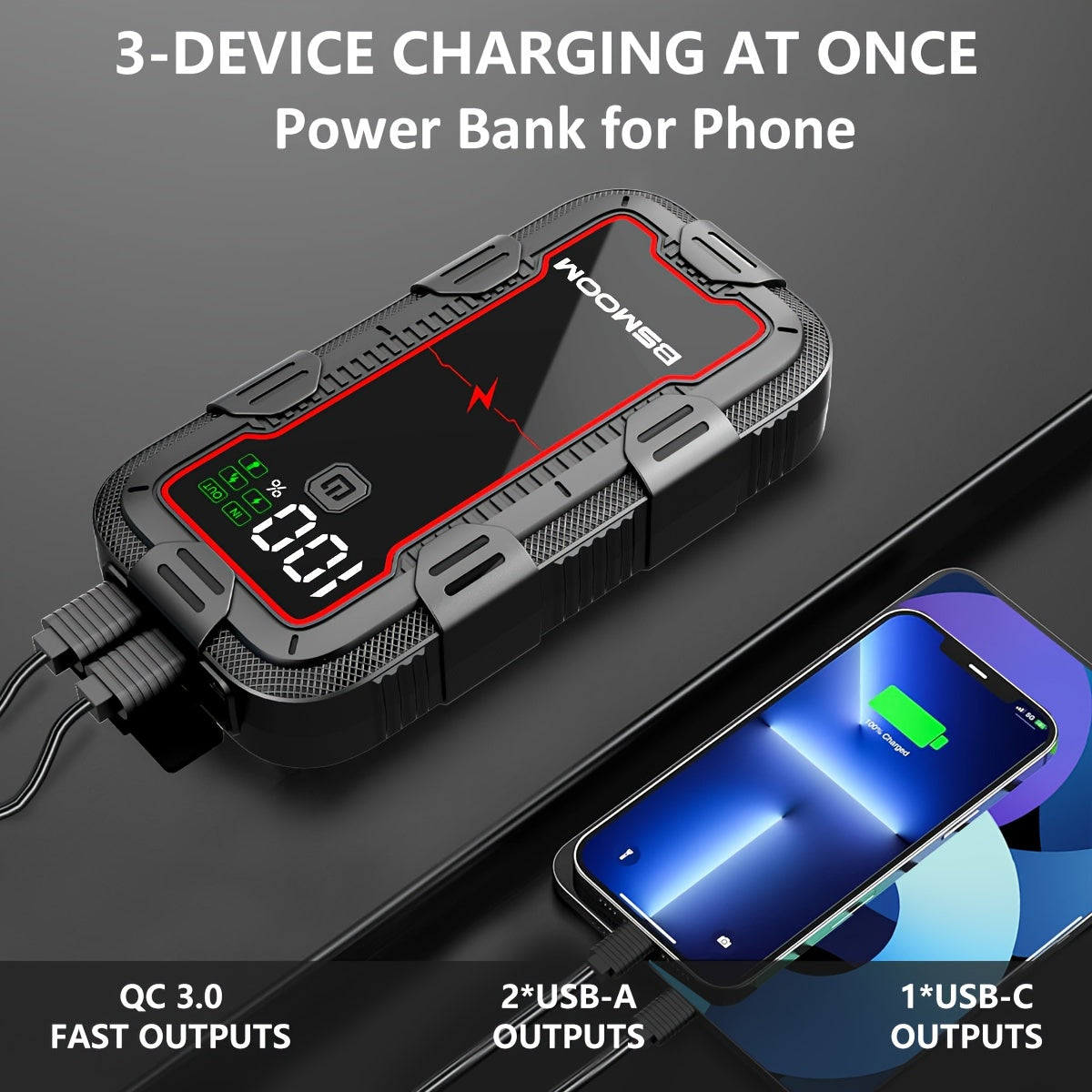 PowerSpark™ 12V Lithium Car Jump Starter – 26800mAh Battery Booster Pack with LED Flashlight & LCD Display - TARHUS