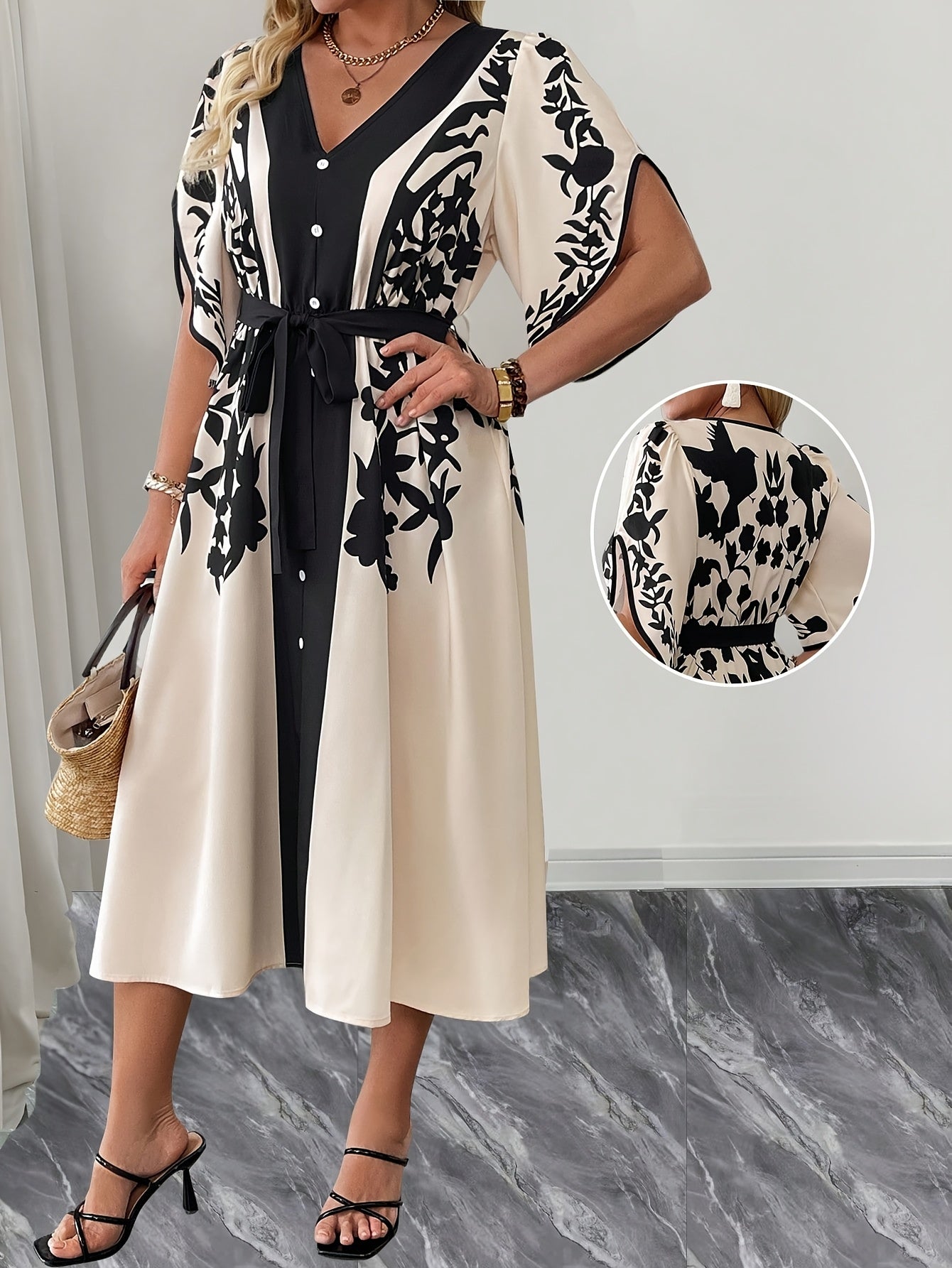 Floral Resort Dress for Women – Chic Summer Midi Dress with Tie-Belt Waist, Lightweight Vacation Outfit - TARHUS