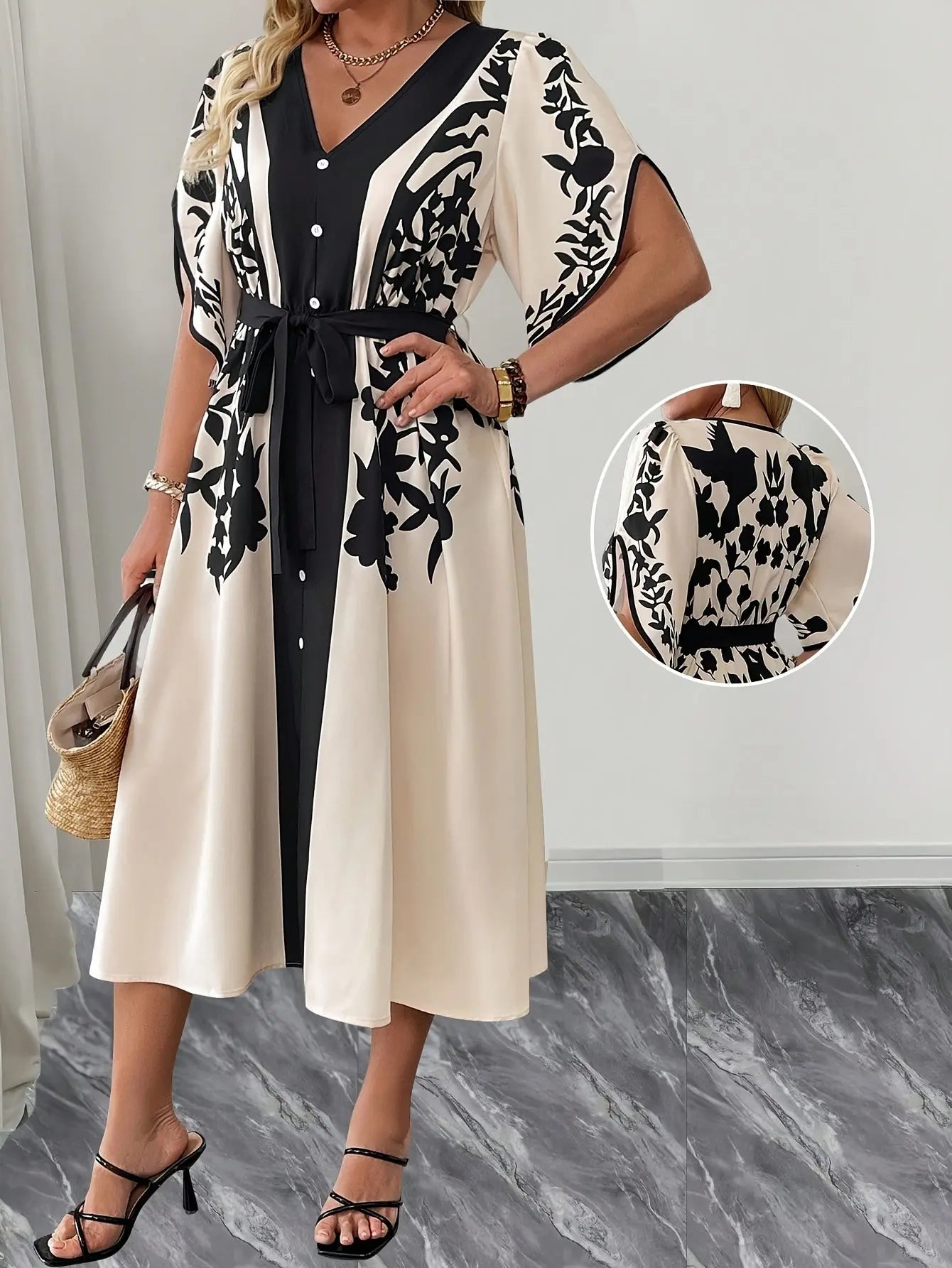 Floral Resort Dress for Women – Chic Summer Midi Dress with Tie-Belt Waist, Lightweight Vacation Outfit - TARHUS