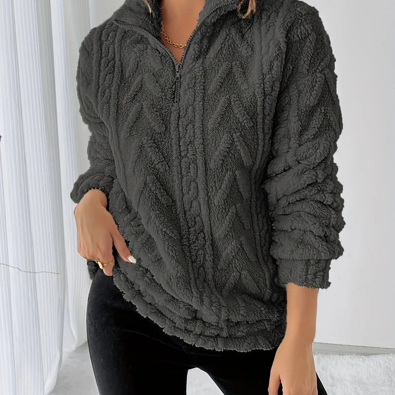 Women’s Fleece Zip-Up Sweatshirt – Long Sleeve Lapel Collar Pullover with Fluffy Texture - TARHUS