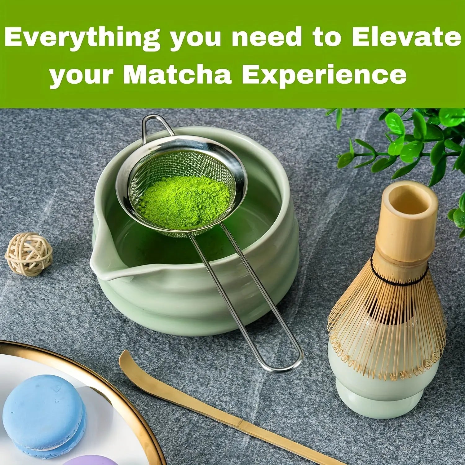 5pc Matcha Set – Ceramic Bowl, Bamboo Whisk, Gold Scoop & Sieve - TARHUS