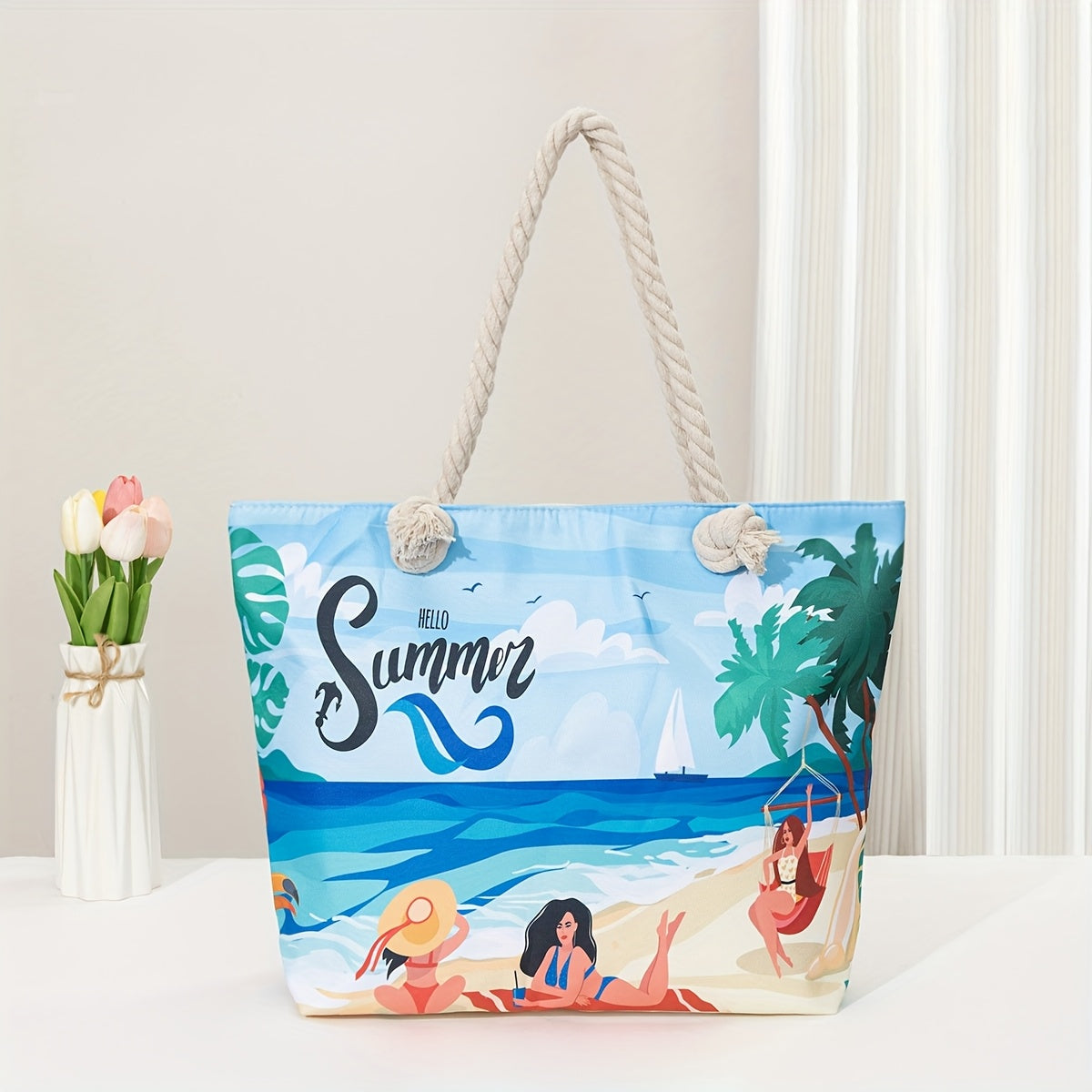 Stylish Blue Mandala Print Tote Bag for Women - Casual Shoulder Bag with Rope Handles, Vibrant Floral Patterns, Zip Closure, Perfect for Vacation Or Everyday Use, Vacation Tote Bag | Trendy Women'S Bag | Woven Texture, Novelty Purse TARHUS