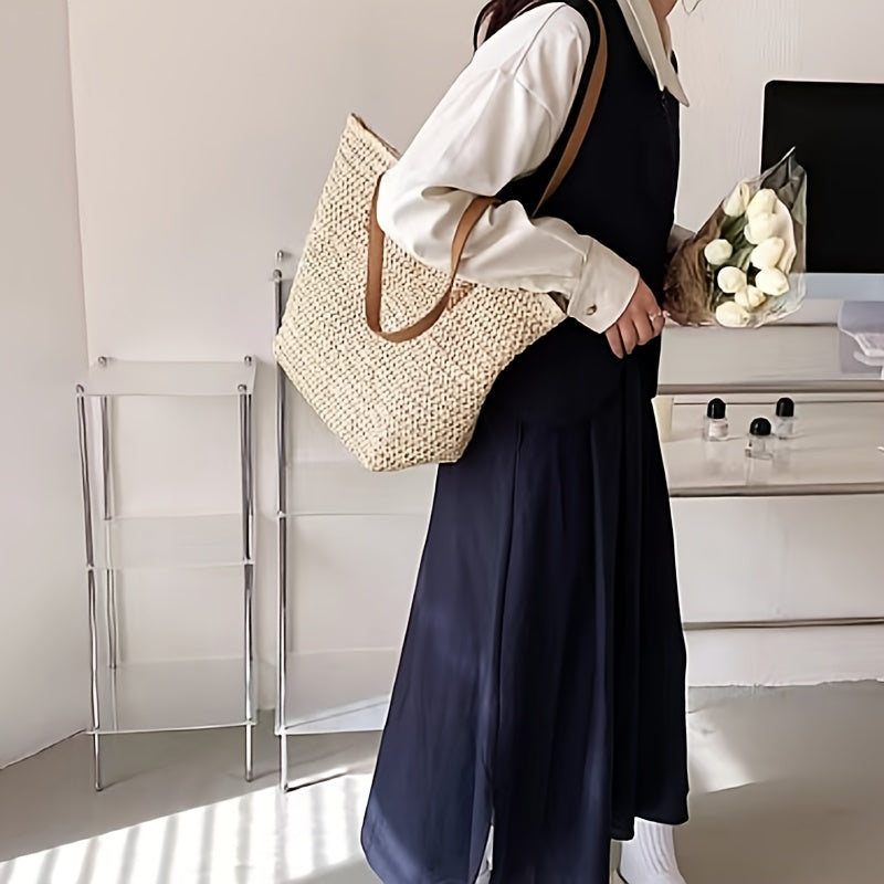 Large-Capacity Woven Handbag - Chic Beige Straw Handbag with Brown Handles, Zipper Closure, And Polyester Lining for Beach, Shopping, And Everyday Use, Beach Bag TARHUS