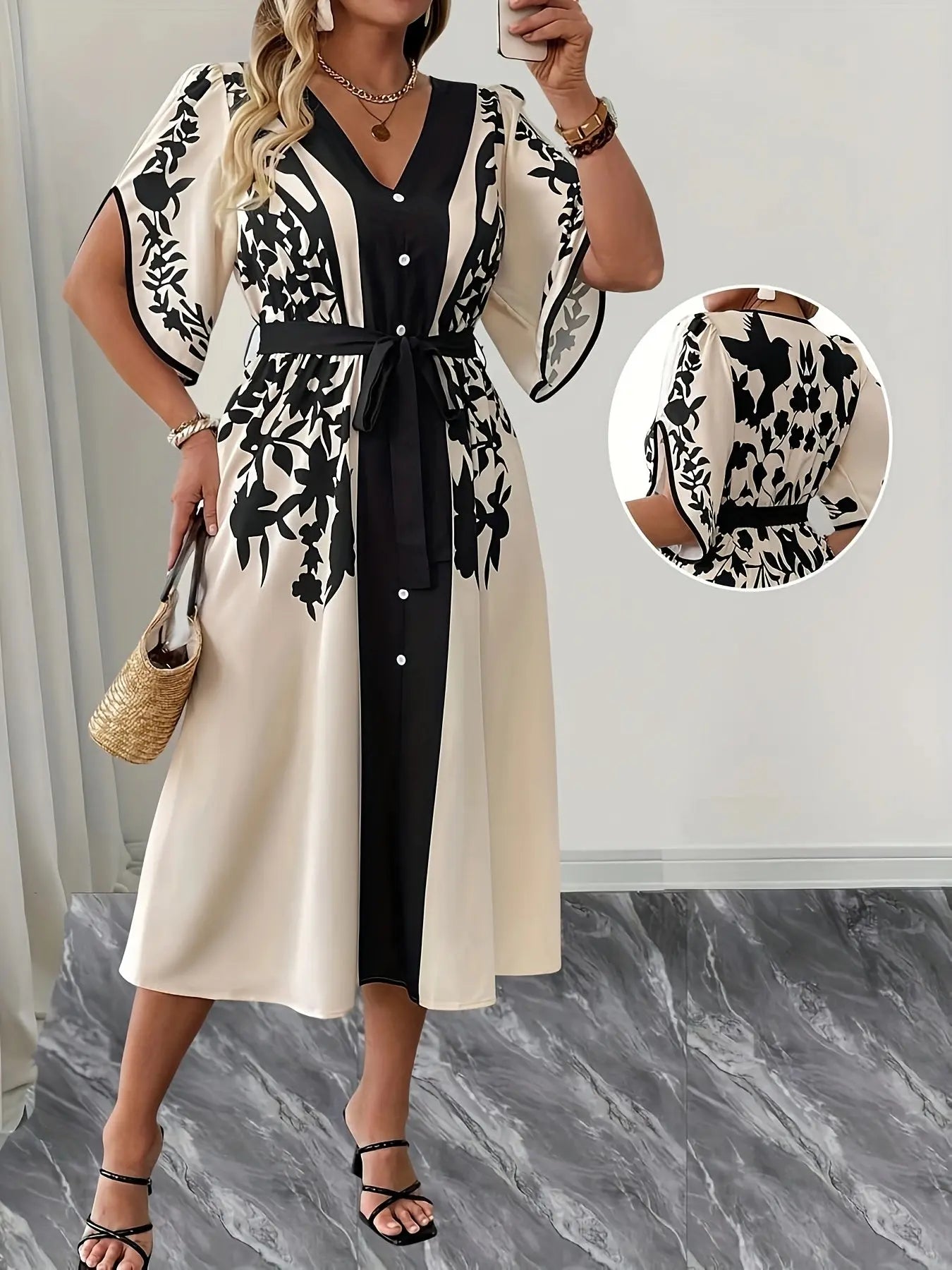 Floral Resort Dress for Women – Chic Summer Midi Dress with Tie-Belt Waist, Lightweight Vacation Outfit - TARHUS