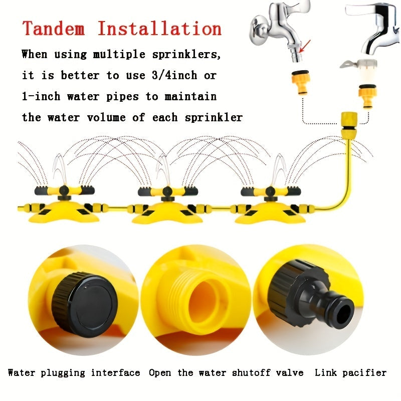 1pc Automatic Lawn Sprinkler - 360° Rotating, 3 Adjustable Rotating Arms, Multi-Angle Large Area Coverage, Combinable, Water-Saving, Easy-Install, Durable, Yellow - Ideal for Garden Lawn Automatic Irrigation and Roof Cooling TARHUS