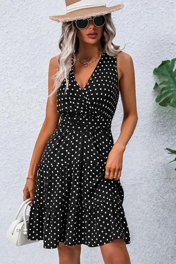 Black And White Dots Print V Neck Tie Waist Dress - TARHUS