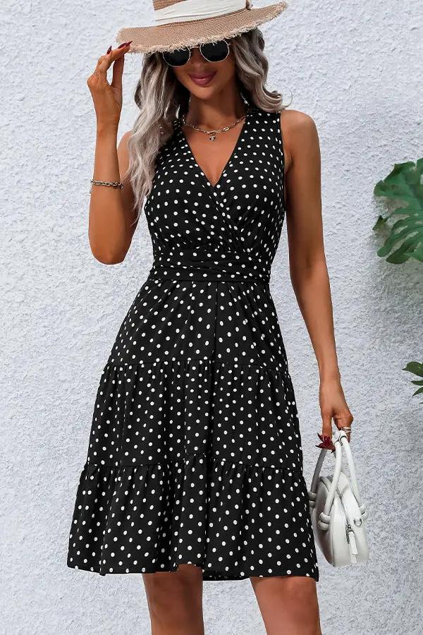 Black And White Dots Print V Neck Tie Waist Dress - TARHUS