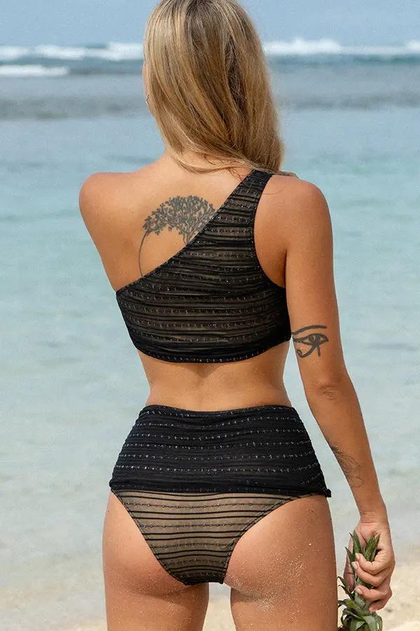 Bling Bling Mesh Patchwork One Shoulder Bikini Set - TARHUS