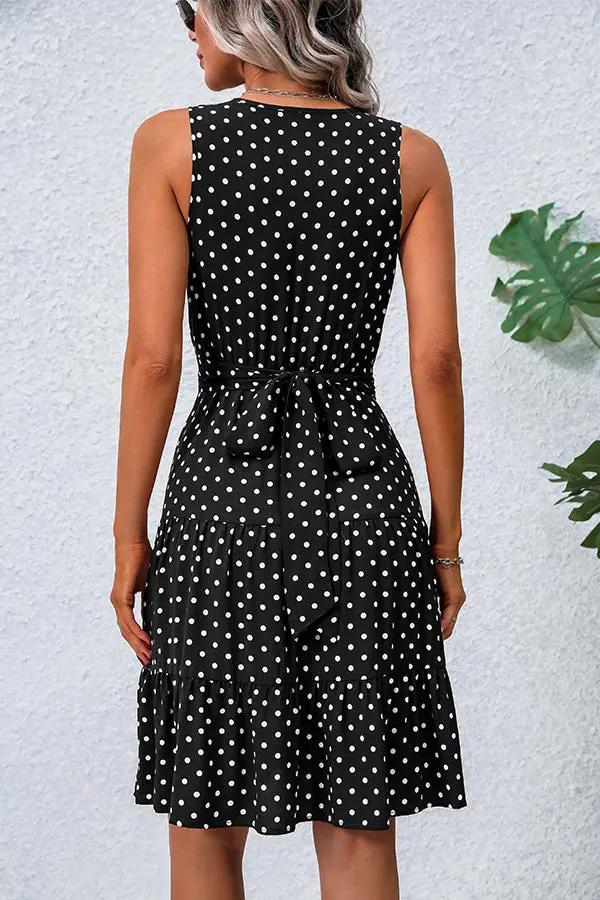 Black And White Dots Print V Neck Tie Waist Dress - TARHUS