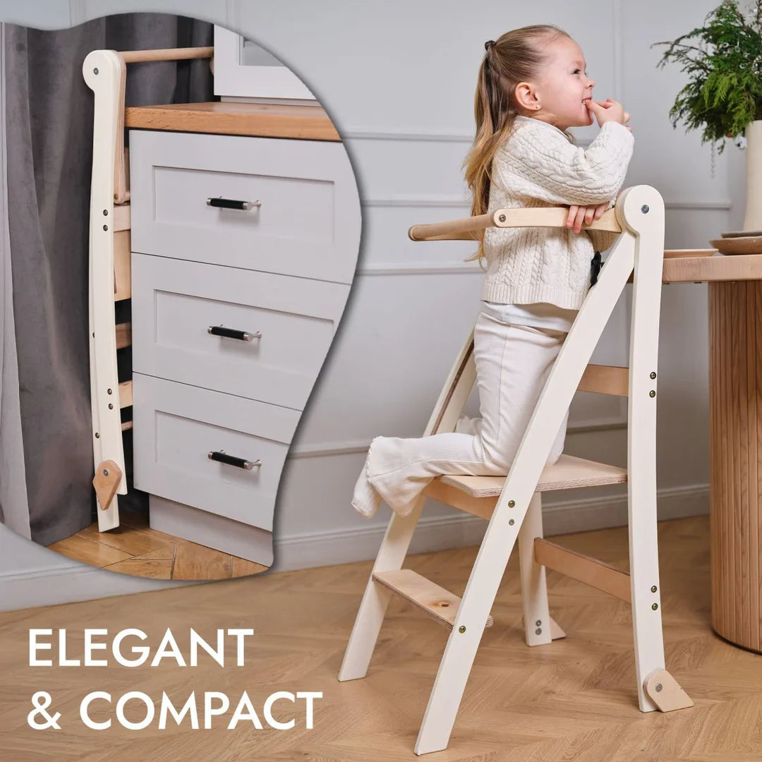 Folding Growing Chair– Montessori Step Stool with Safety Rails for Toddlers – White - TARHUS