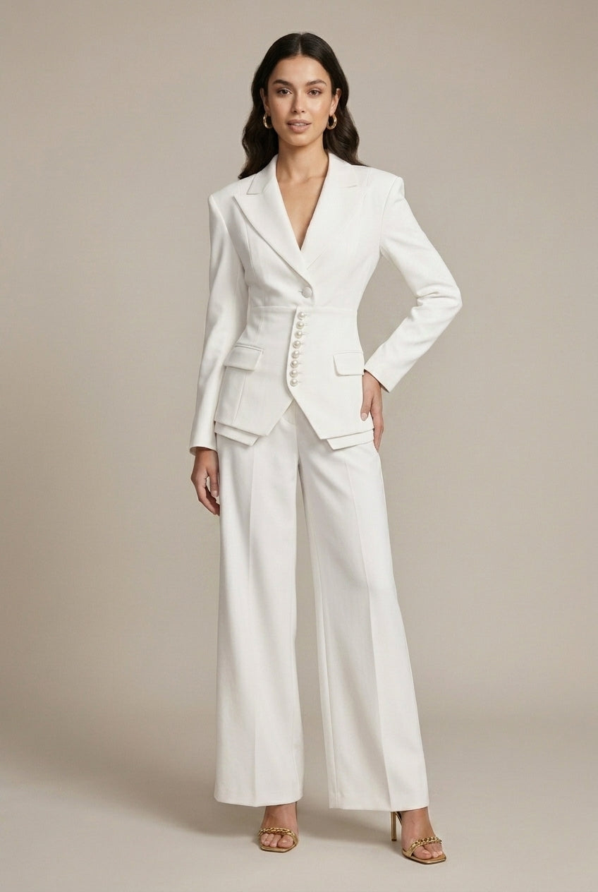 Women's Notched Lapel Blazer Wide Leg Pant Suits Set - Side Button TARHUS Suits