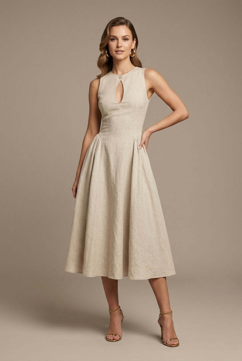 Women's Sleeveless Keyhole Cutout A-Line Midi Dress - Button Closure TARHUS Midi Dresses