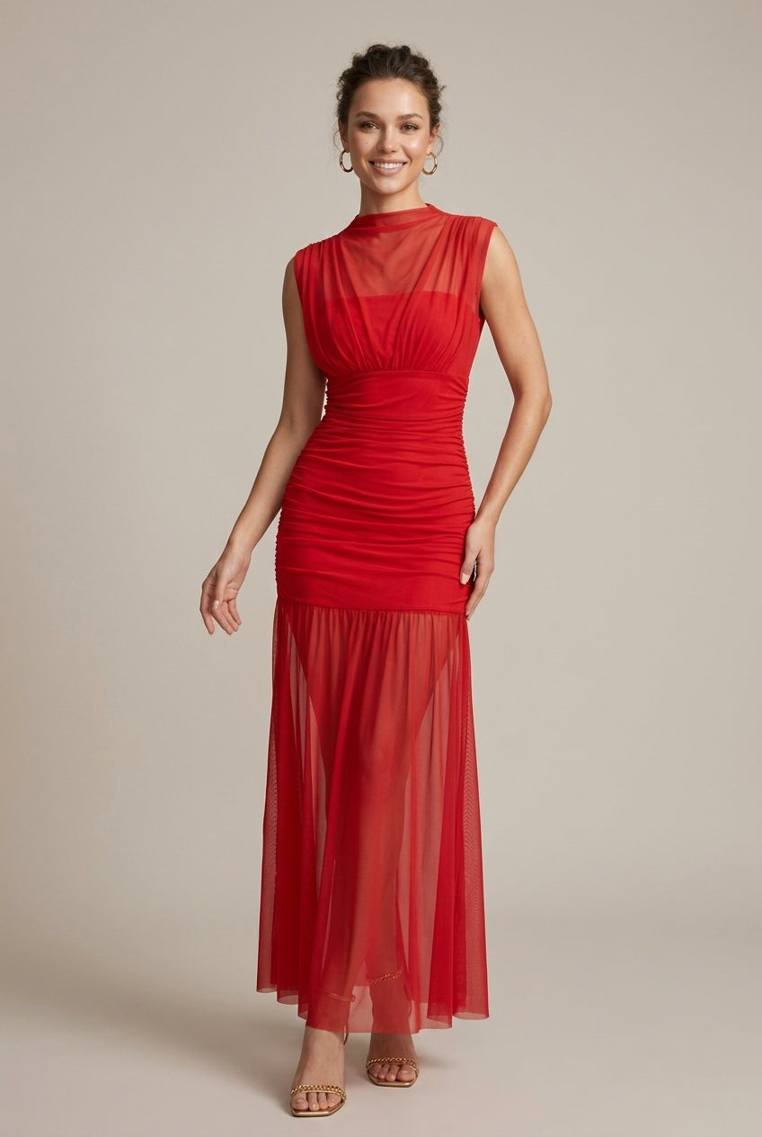 Women's Sleeveless Ruched Drop Waist Maxi Dress - Crew Neck TARHUS Maxi Dresses