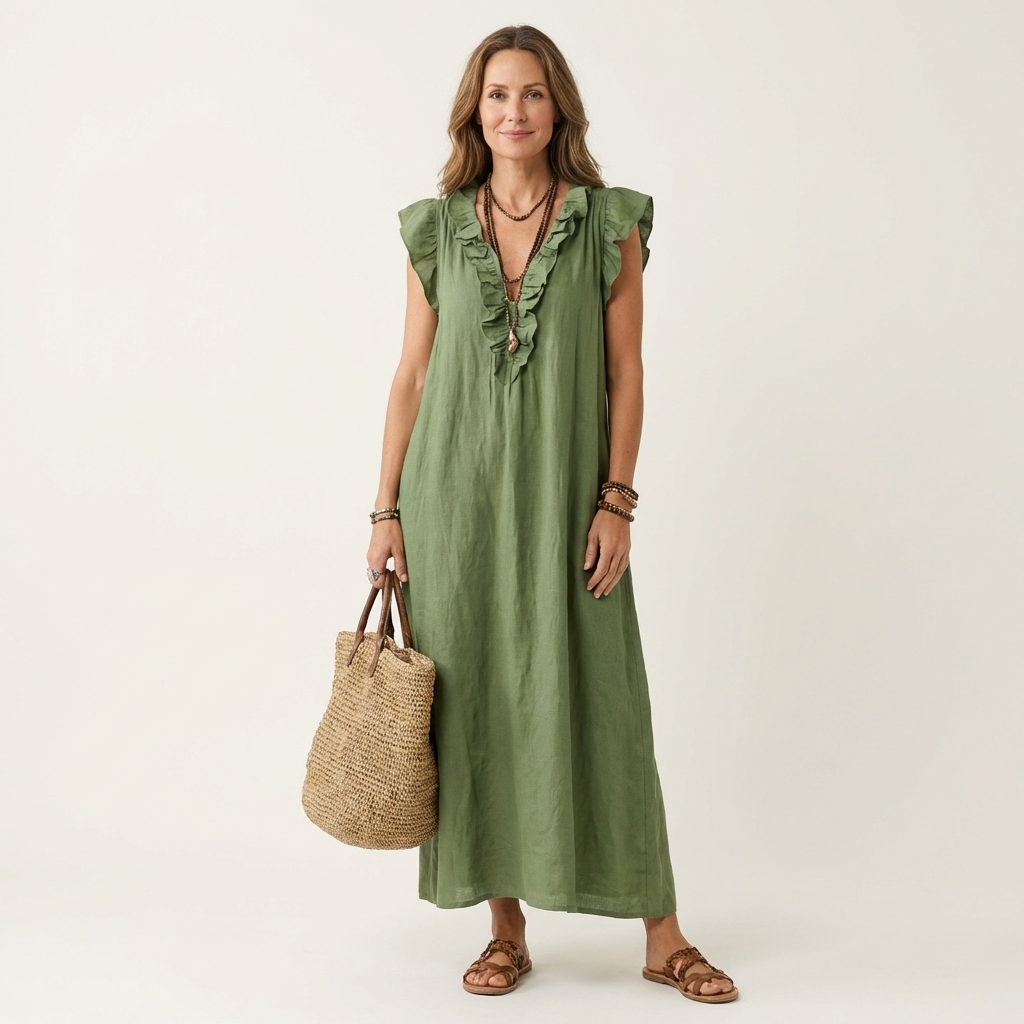 Josette | Ruffle V-Neck Linen Maxi Dress TARHUS Dresses