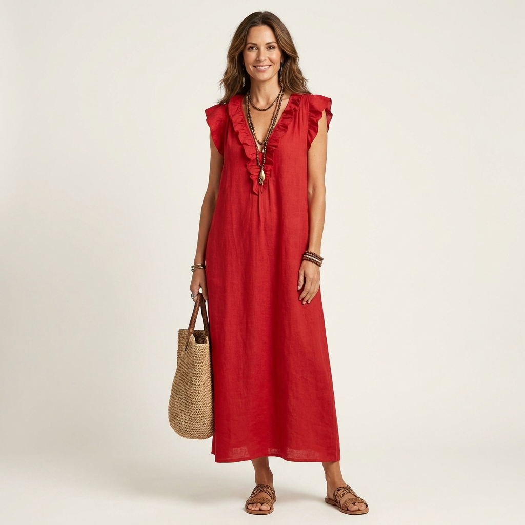 Josette | Ruffle V-Neck Linen Maxi Dress TARHUS Dresses