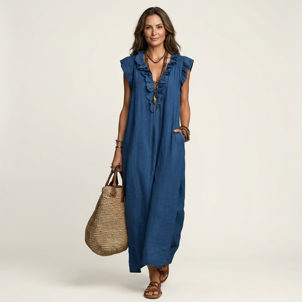 Josette | Ruffle V-Neck Linen Maxi Dress TARHUS Dresses