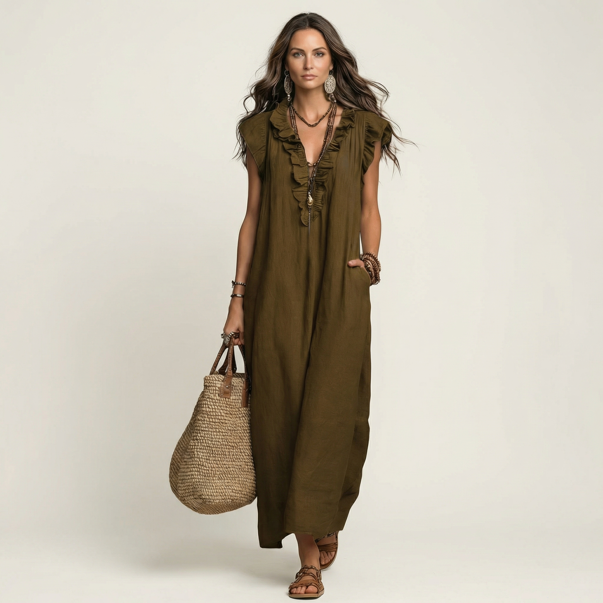 Josette | Ruffle V-Neck Linen Maxi Dress TARHUS Dresses