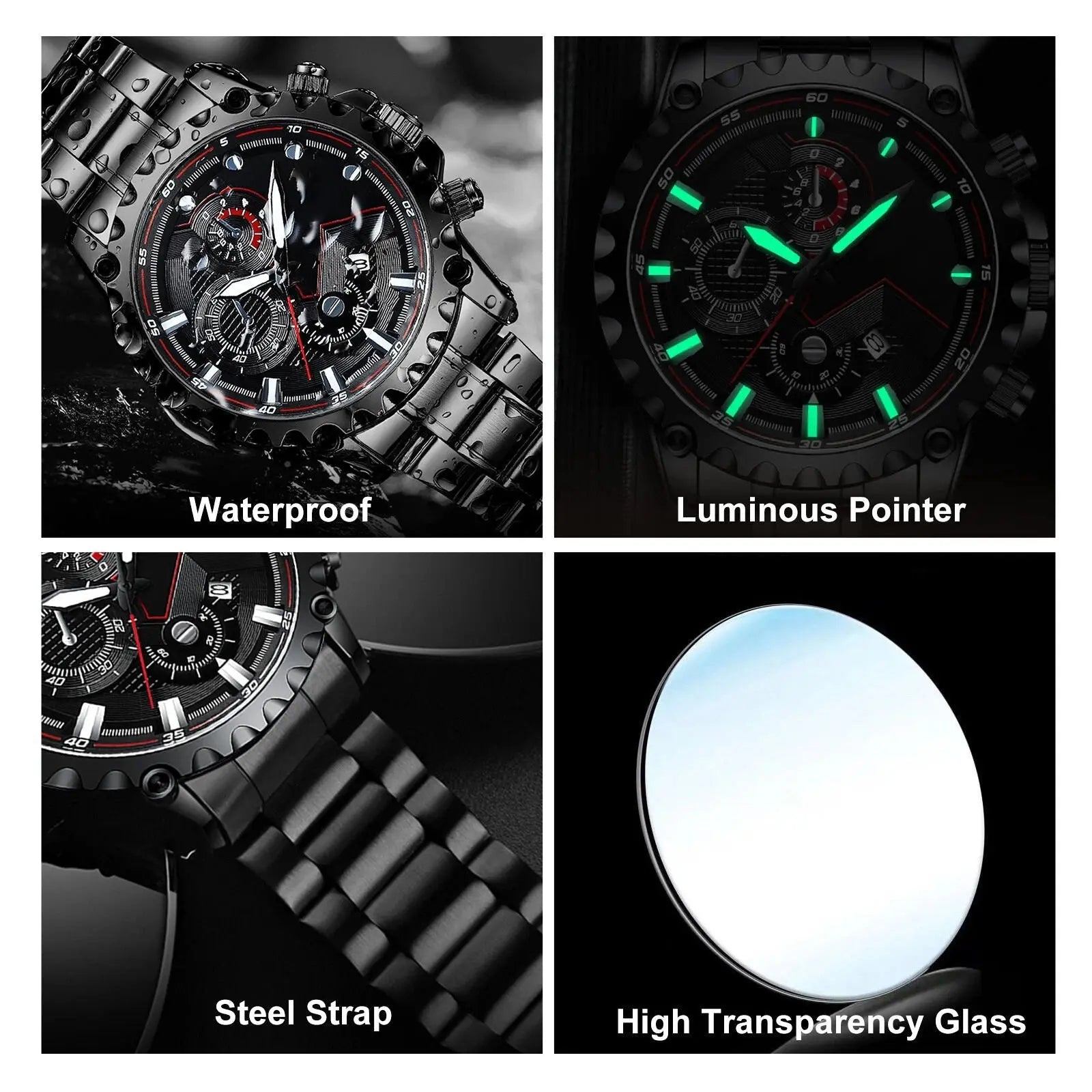 Men’s Black Stainless Steel Chronograph Watch – Waterproof Sport Watch - TARHUS