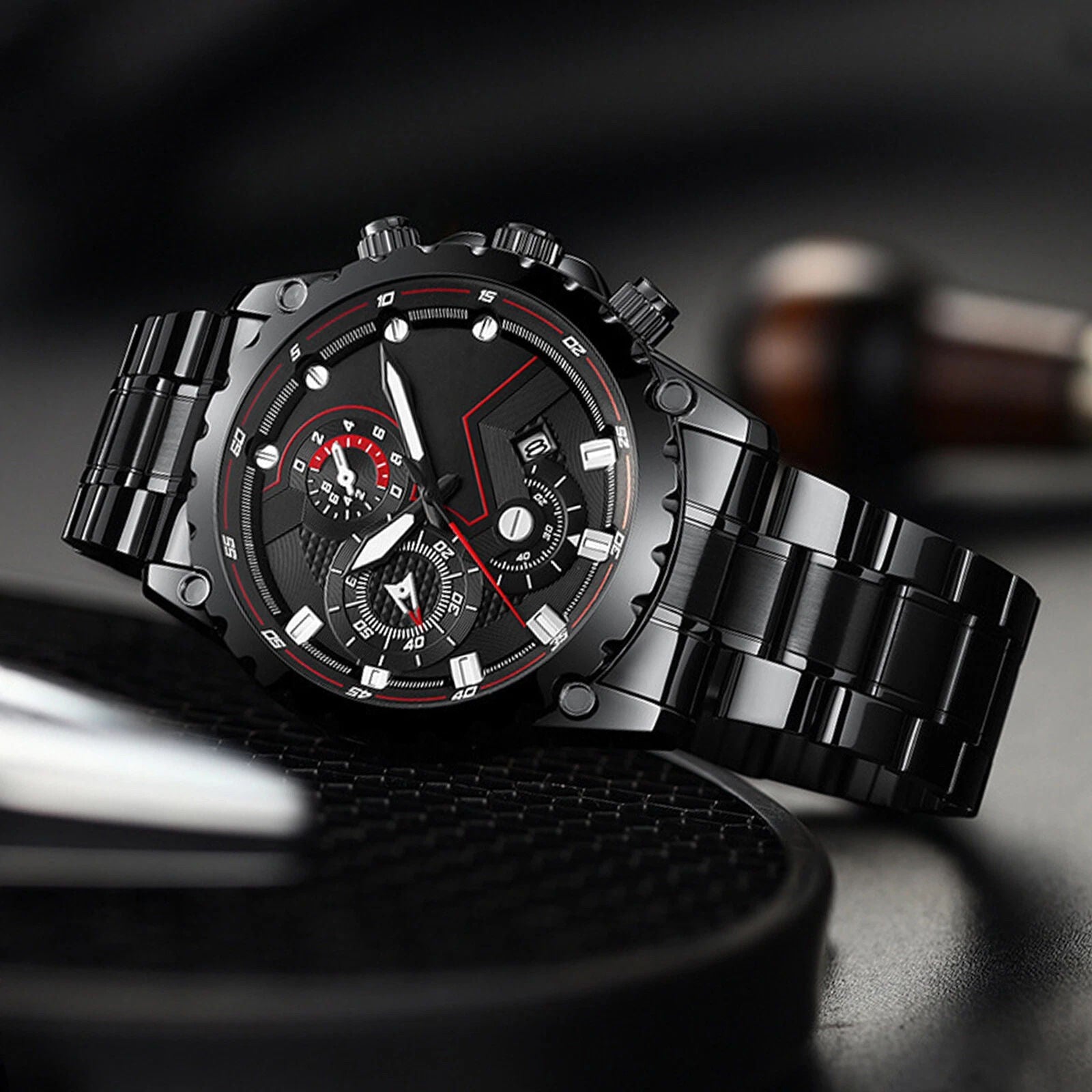 Men’s Black Stainless Steel Chronograph Watch – Waterproof Sport Watch - TARHUS