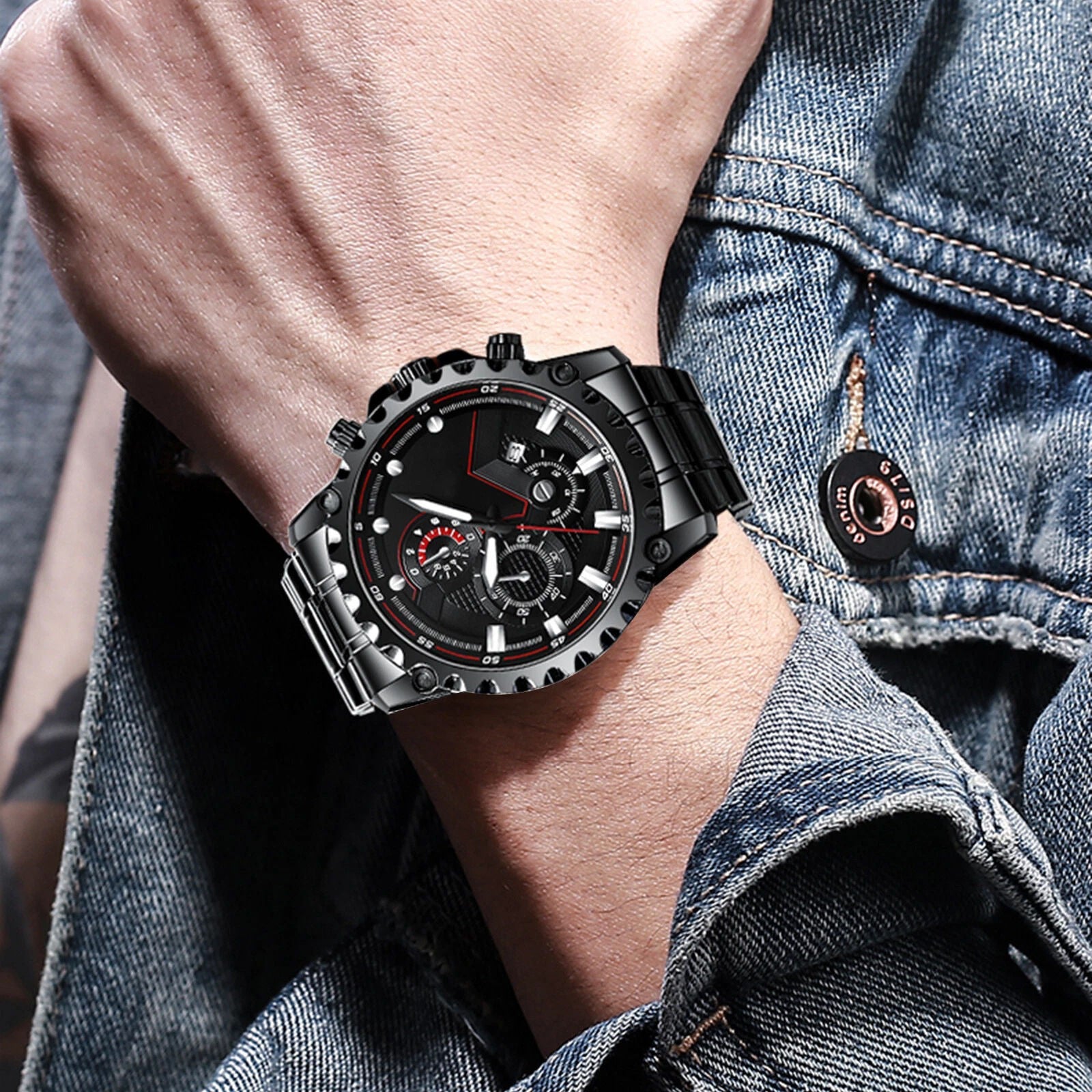 Men’s Black Stainless Steel Chronograph Watch – Waterproof Sport Watch - TARHUS